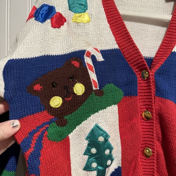 Vintage Teddy Bear Christmas Sweater Cardigan Stars Stockings Size Small Petite - Picture 2 of 8